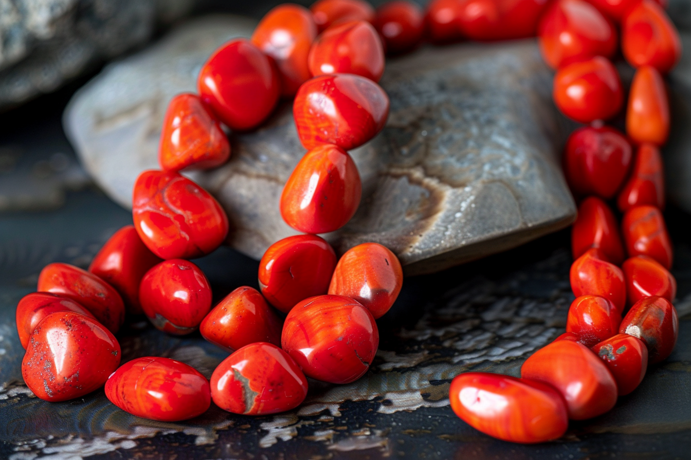A collection of vibrant red coral beads, each polished to reveal their unique shape and deep red color, artfully arranged to highlight their natural beauty and healing essence.